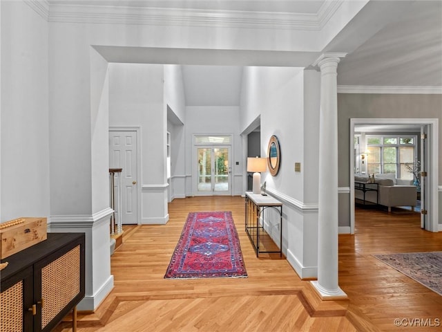 9313 Owl Trace Ct, Chesterfield, VA 23838 - foyer entrance featuring decorative columns, light wood-style floors, and ornamental molding