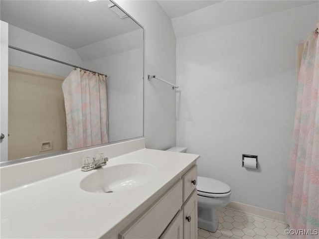 9313 Owl Trace Ct, Chesterfield, VA 23838 - full bath with vanity, tile patterned flooring, lofted ceiling, and a shower with shower curtain