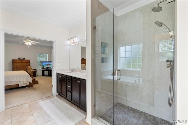 206 Twin Crest Dr, Chesterfield, VA 23236 - ensuite bathroom featuring healthy amount of natural light, crown molding, a shower stall, double vanity, and ceiling fan