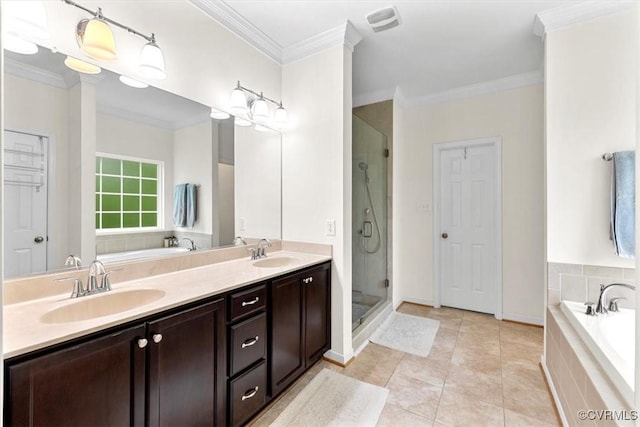 206 Twin Crest Dr, Chesterfield, VA 23236 - full bathroom featuring a garden tub, double vanity, crown molding, a shower stall, and tile patterned floors