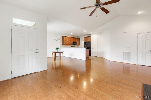307 Kernel Ct, North Chesterfield, VA 23236 - unfurnished living room featuring ceiling fan, light wood-type flooring, recessed lighting, and high vaulted ceiling