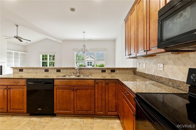 307 Kernel Ct, North Chesterfield, VA 23236 - kitchen featuring black appliances, ceiling fan, light stone counters, backsplash, and brown cabinetry