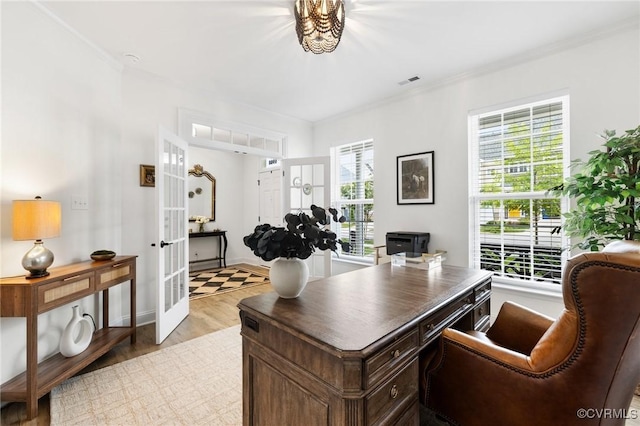 6988 Leire Ln, Chesterfield, VA 23832 - office area featuring french doors, plenty of natural light, light wood-type flooring, and crown molding