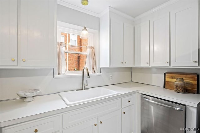 8507 Hanford Dr, Henrico, VA 23229 - kitchen with stainless steel dishwasher, white cabinetry, light countertops, crown molding, and decorative light fixtures