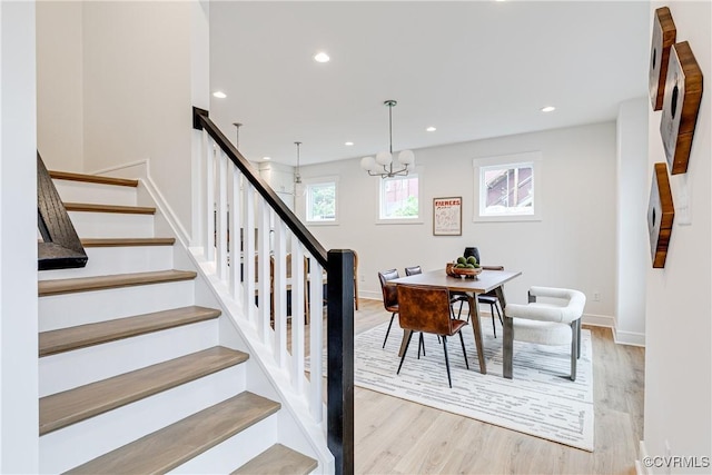 1823 W Cary St Unit A, Richmond, VA 23220 - dining space featuring stairway, wood finished floors, a chandelier, and recessed lighting