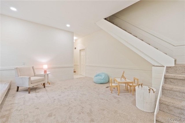 13511 W Salisbury Rd, Chesterfield, VA 23113 - living area with stairway, recessed lighting, carpet floors, and a wainscoted wall