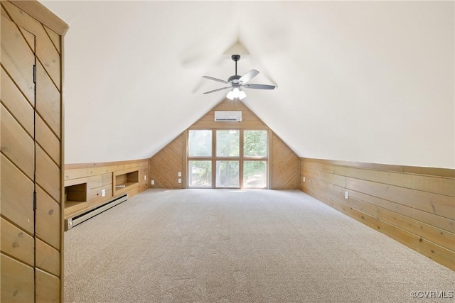 13511 W Salisbury Rd, Chesterfield, VA 23113 - additional living space featuring a baseboard heating unit, wood walls, carpet flooring, lofted ceiling, and a ceiling fan