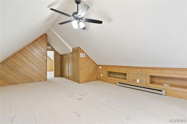 13511 W Salisbury Rd, Chesterfield, VA 23113 - bonus room with a baseboard radiator, wood walls, carpet flooring, vaulted ceiling, and ceiling fan