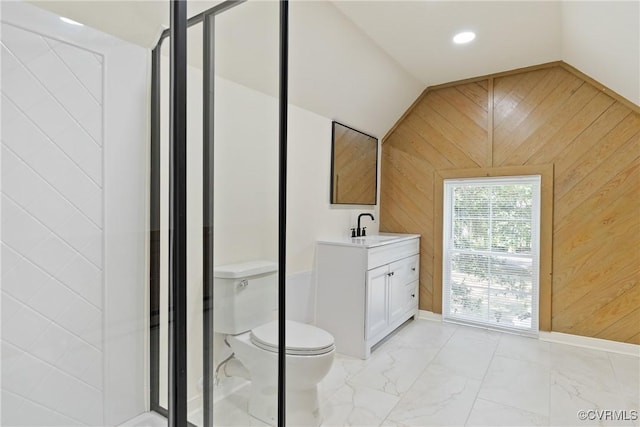 13511 W Salisbury Rd, Chesterfield, VA 23113 - bathroom featuring wood walls, vanity, marble look tile flooring, a stall shower, and lofted ceiling