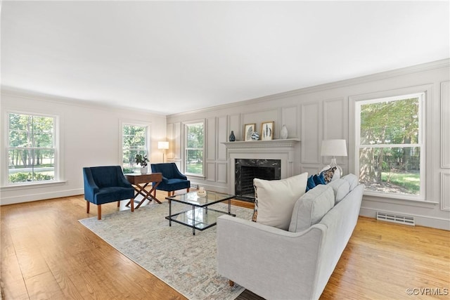 13511 W Salisbury Rd, Chesterfield, VA 23113 - living area featuring ornamental molding, a decorative wall, wood finished floors, and a premium fireplace