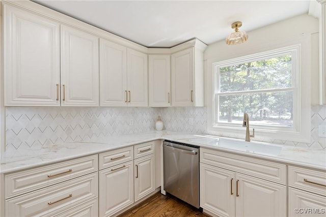 13511 W Salisbury Rd, Chesterfield, VA 23113 - kitchen featuring stainless steel dishwasher, tasteful backsplash, white cabinetry, dark wood-type flooring, and light stone counters