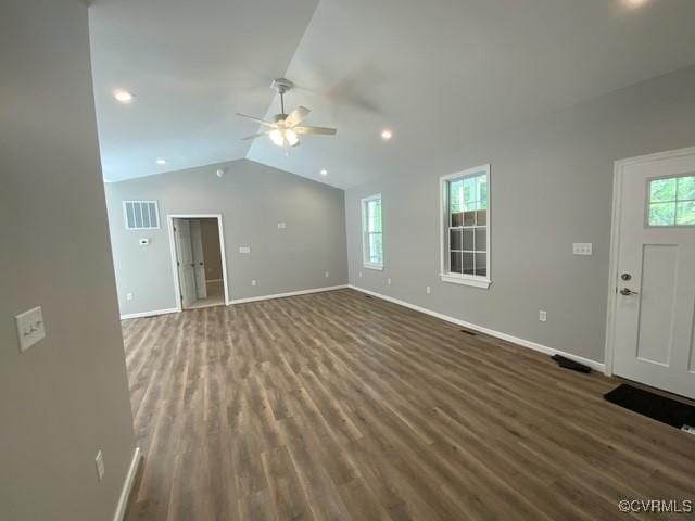 109 Maple Rd, Aylett, VA 23009 - unfurnished living room with a ceiling fan, dark wood-type flooring, vaulted ceiling, and recessed lighting