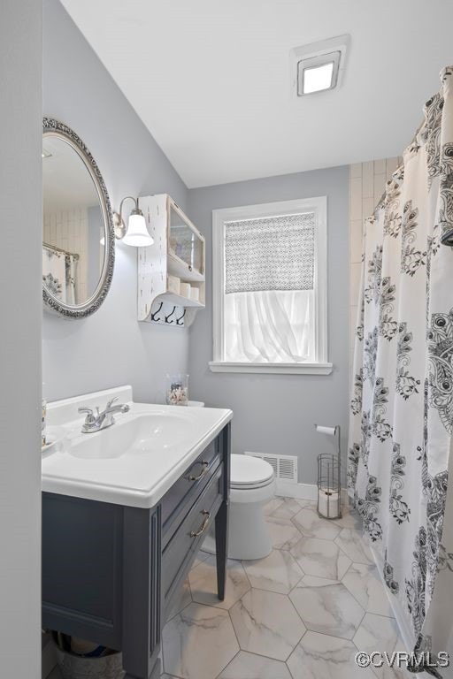 8702 Holly Hill Rd, Richmond, VA 23229 - bathroom with vanity, marble finish flooring, and a shower with shower curtain