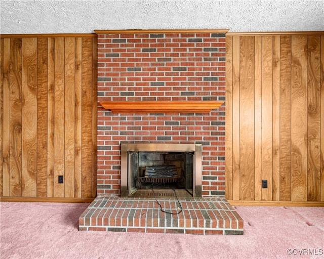 414 John St, Ashland, VA 23005 - detailed view of carpet, wood walls, a textured ceiling, and a fireplace