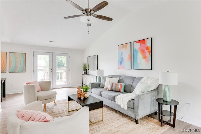 4814 Mill Park Ct, Glen Allen, VA 23060 - living room featuring french doors, light wood-type flooring, ceiling fan, and high vaulted ceiling
