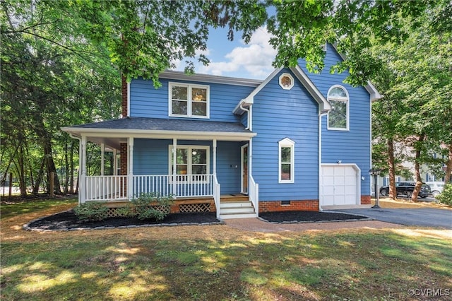 14106 Pensive Pl, Midlothian, VA 23112 - traditional-style house featuring an attached garage, a porch, asphalt driveway, a front yard, and a chimney