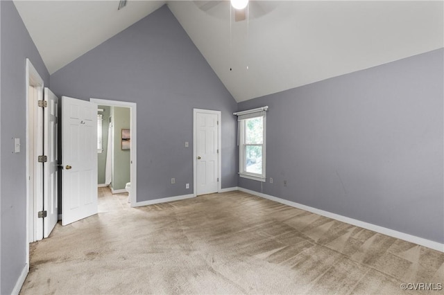 14106 Pensive Pl, Midlothian, VA 23112 - unfurnished bedroom featuring high vaulted ceiling, light colored carpet, a ceiling fan, and connected bathroom