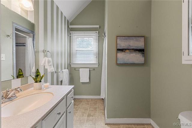 14106 Pensive Pl, Midlothian, VA 23112 - bathroom with vanity, vaulted ceiling, a shower with curtain, tile patterned floors, and wallpapered walls
