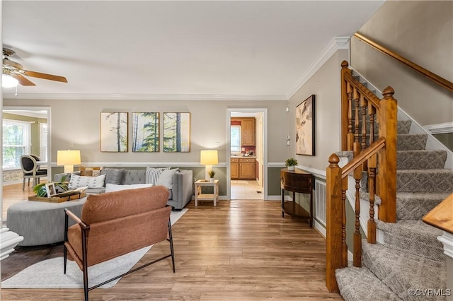 14106 Pensive Pl, Midlothian, VA 23112 - living room featuring stairs, light wood-style flooring, crown molding, and ceiling fan
