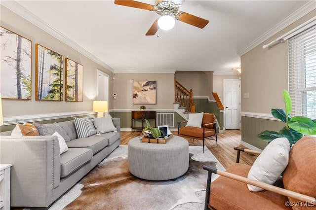 14106 Pensive Pl, Midlothian, VA 23112 - living area featuring stairs, light wood finished floors, ornamental molding, and a ceiling fan