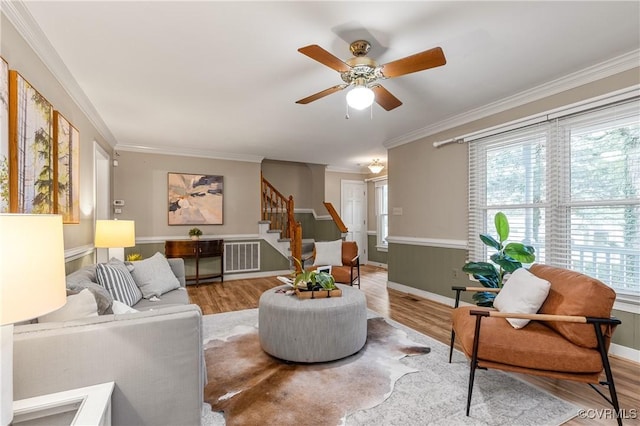 14106 Pensive Pl, Midlothian, VA 23112 - living room with stairs, wood finished floors, crown molding, and ceiling fan