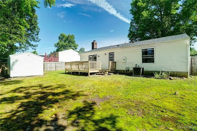 7131 Brook Way, Mechanicsville, VA 23111 - back of property with a wooden deck, a fenced backyard, a storage unit, and a chimney