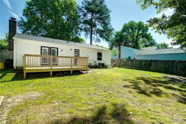 7131 Brook Way, Mechanicsville, VA 23111 - rear view of house featuring a deck, a fenced backyard, and a chimney