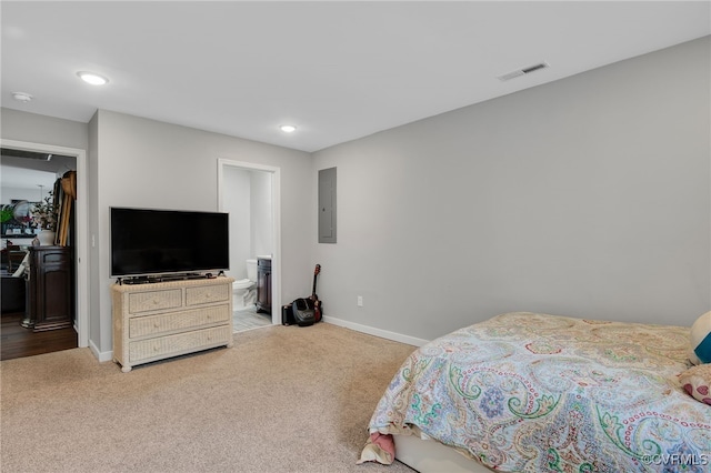 12900 Spring Run Rd, Midlothian, VA 23112 - bedroom with electric panel, carpet floors, connected bathroom, and recessed lighting