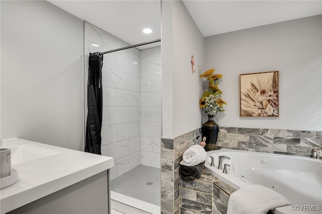 12900 Spring Run Rd, Midlothian, VA 23112 - full bath with a tub with jets, a tile shower, vanity, and recessed lighting