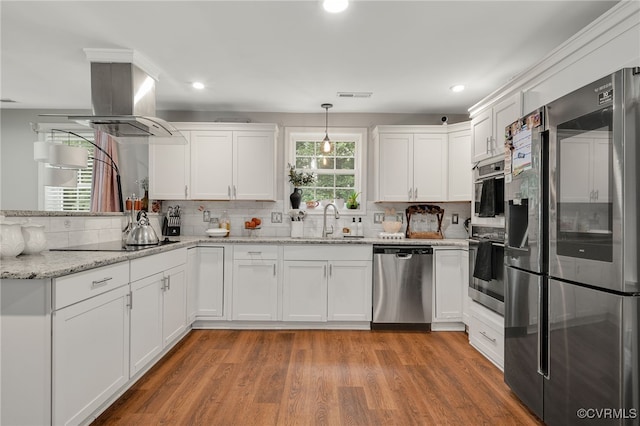 12900 Spring Run Rd, Midlothian, VA 23112 - kitchen featuring stainless steel appliances, white cabinetry, recessed lighting, tasteful backsplash, and island range hood