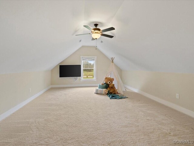 1130 Sparrows Ln, Powhatan, VA 23139 - recreation room with vaulted ceiling, a ceiling fan, and carpet