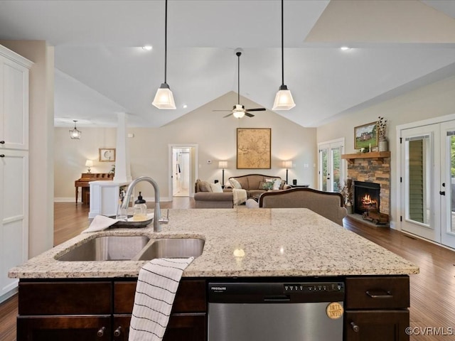 1130 Sparrows Ln, Powhatan, VA 23139 - kitchen featuring dishwasher, open floor plan, dark brown cabinetry, dark wood-style flooring, and lofted ceiling