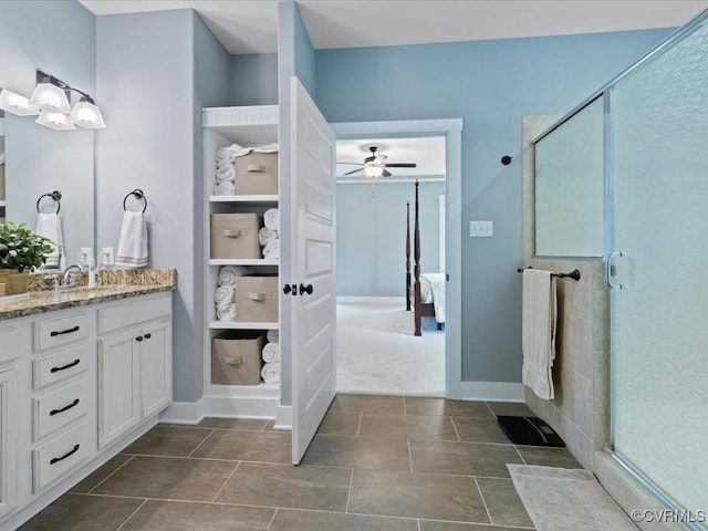 1130 Sparrows Ln, Powhatan, VA 23139 - bathroom featuring vanity, ceiling fan, ensuite bathroom, and a stall shower