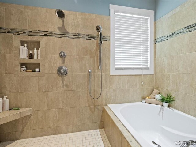 1130 Sparrows Ln, Powhatan, VA 23139 - bathroom featuring a bath, tiled shower, and tile walls