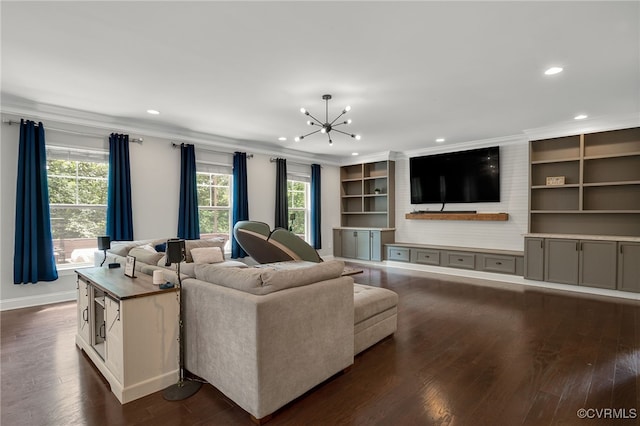 8307 Blackrail Pl, Chesterfield, VA 23832 - living area with a chandelier, crown molding, plenty of natural light, dark wood-style flooring, and recessed lighting