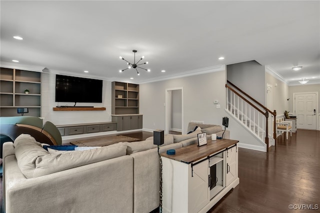 8307 Blackrail Pl, Chesterfield, VA 23832 - living area featuring stairs, a chandelier, crown molding, dark wood finished floors, and recessed lighting