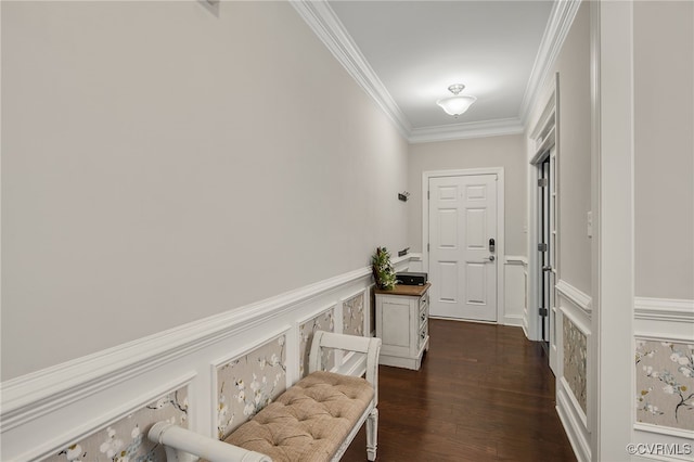 8307 Blackrail Pl, Chesterfield, VA 23832 - corridor with crown molding, wainscoting, dark wood-style flooring, and a decorative wall