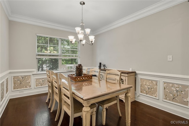 8307 Blackrail Pl, Chesterfield, VA 23832 - dining room with ornamental molding, a chandelier, dark wood-style floors, and a wainscoted wall