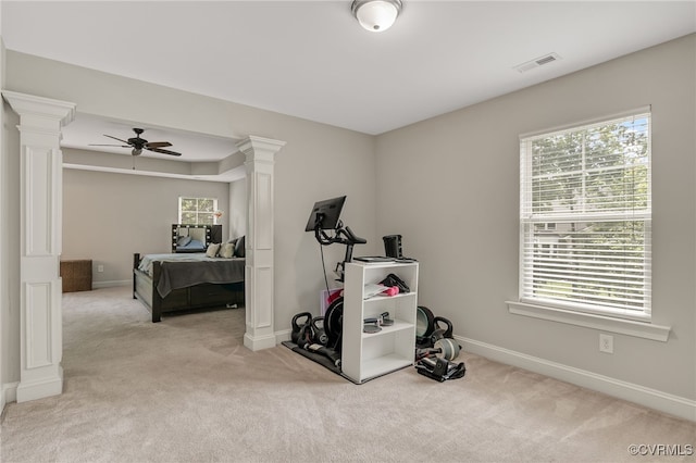 8307 Blackrail Pl, Chesterfield, VA 23832 - workout room with decorative columns, light colored carpet, and a ceiling fan