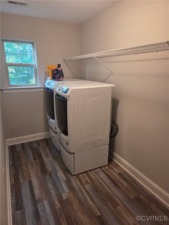 8307 Blackrail Pl, Chesterfield, VA 23832 - laundry area featuring independent washer and dryer and dark wood-style floors