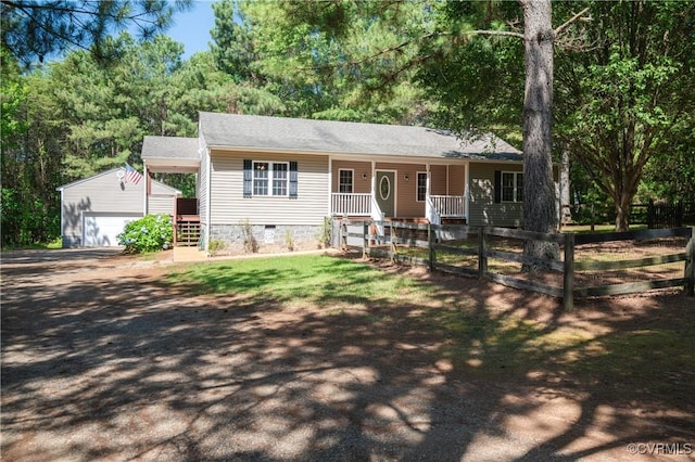 14560 Meade Rd, Amelia, VA 23002 - ranch-style house featuring crawl space, covered porch, a garage, and an outdoor structure