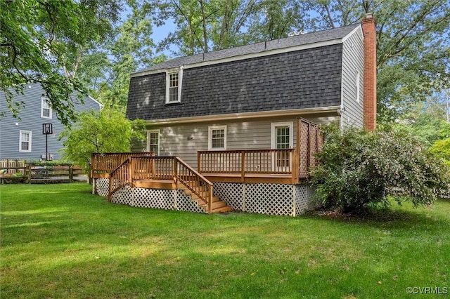 4709 Tameo Ct, Glen Allen, VA 23060 - rear view of house with a shingled roof, a chimney, a yard, a deck, and a gambrel roof