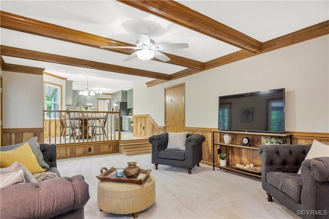 2801 Starling Dr, Williamsburg, VA 23185 - carpeted living area with a chandelier, beam ceiling, a wainscoted wall, ceiling fan, and wood walls