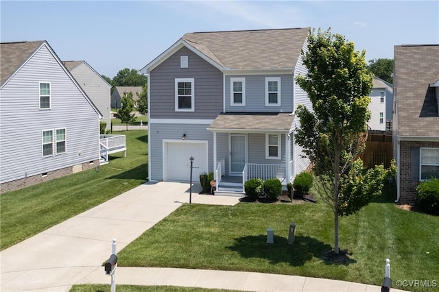 1712 Binford Ct, Cobbs Creek, VA 23223 - traditional-style home featuring a porch, driveway, an attached garage, a front lawn, and roof with shingles