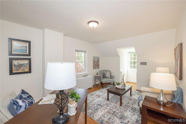4024 W Grace St, Richmond, VA 23230 - living room featuring lofted ceiling, plenty of natural light, wood finished floors, and radiator