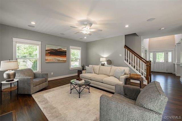 9377 Magnolia Blossom Rd, Ashland, VA 23005 - living area with stairs, healthy amount of natural light, dark wood-style floors, ceiling fan, and recessed lighting