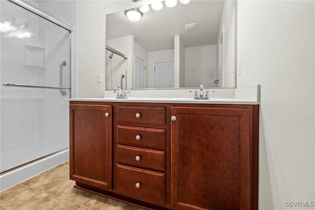9949 Reymet Ct, North Chesterfield, VA 23237 - bathroom featuring a shower stall, double vanity, and tile patterned floors