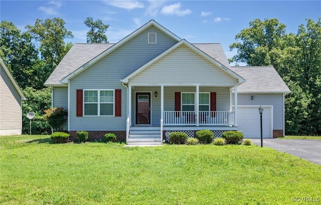 9949 Reymet Ct, North Chesterfield, VA 23237 - view of front of property with a porch, asphalt driveway, a garage, a front yard, and a shingled roof
