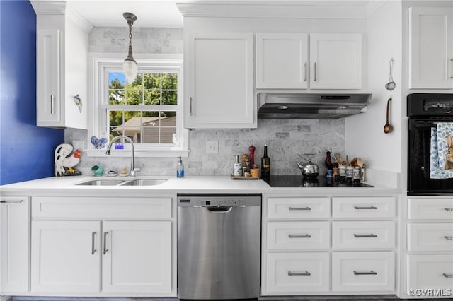 1708 Hollandale Rd, Henrico, VA 23238 - kitchen featuring black appliances, under cabinet range hood, white cabinets, ornamental molding, and decorative backsplash