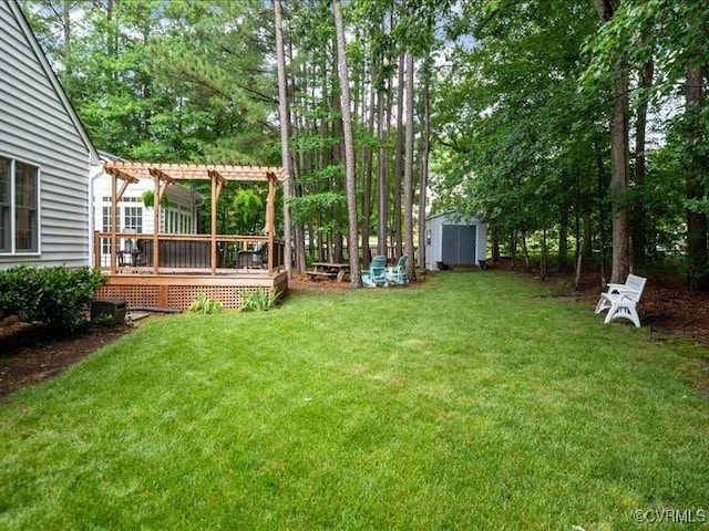 4416 Killiam Ct, Henrico, VA 23060 - view of grassy yard featuring a storage shed, a pergola, and a wooden deck
